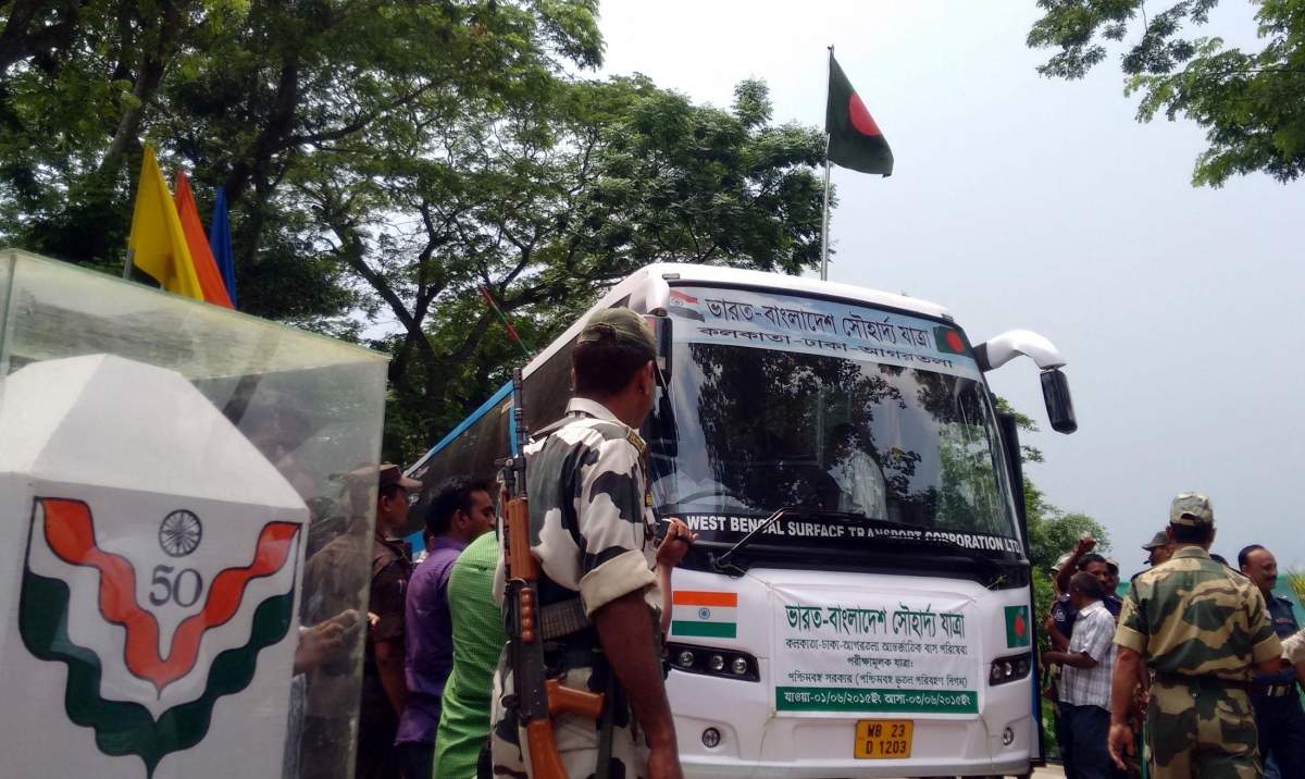 The first Kolkata-Dhaka-Agartala bus enters Agartala from Bangladesh through Akhaura integrated checkpost during a trial run on 2 June, 2015.IANS